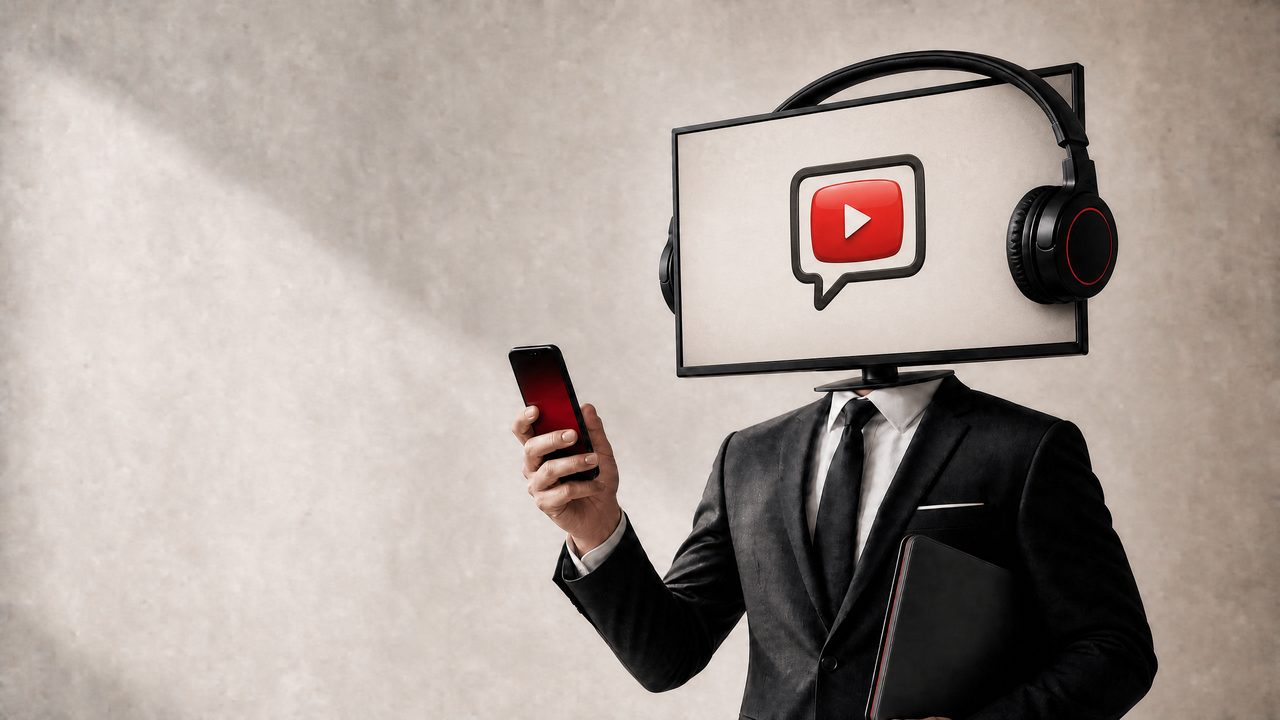 A figure in a suit with a television for a head, showing a car campaign on screen